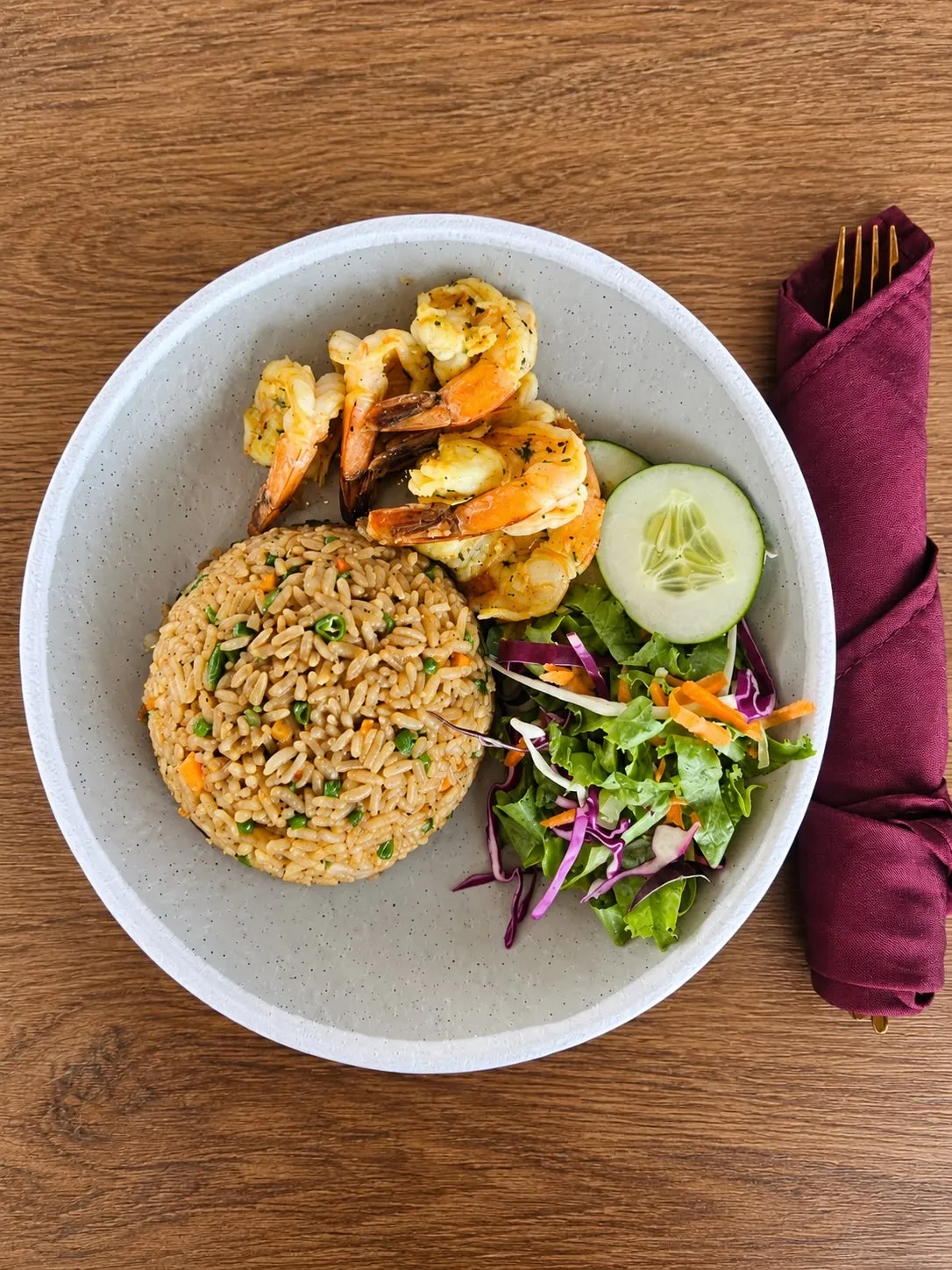Shrimp with rice and salad served at The Patio